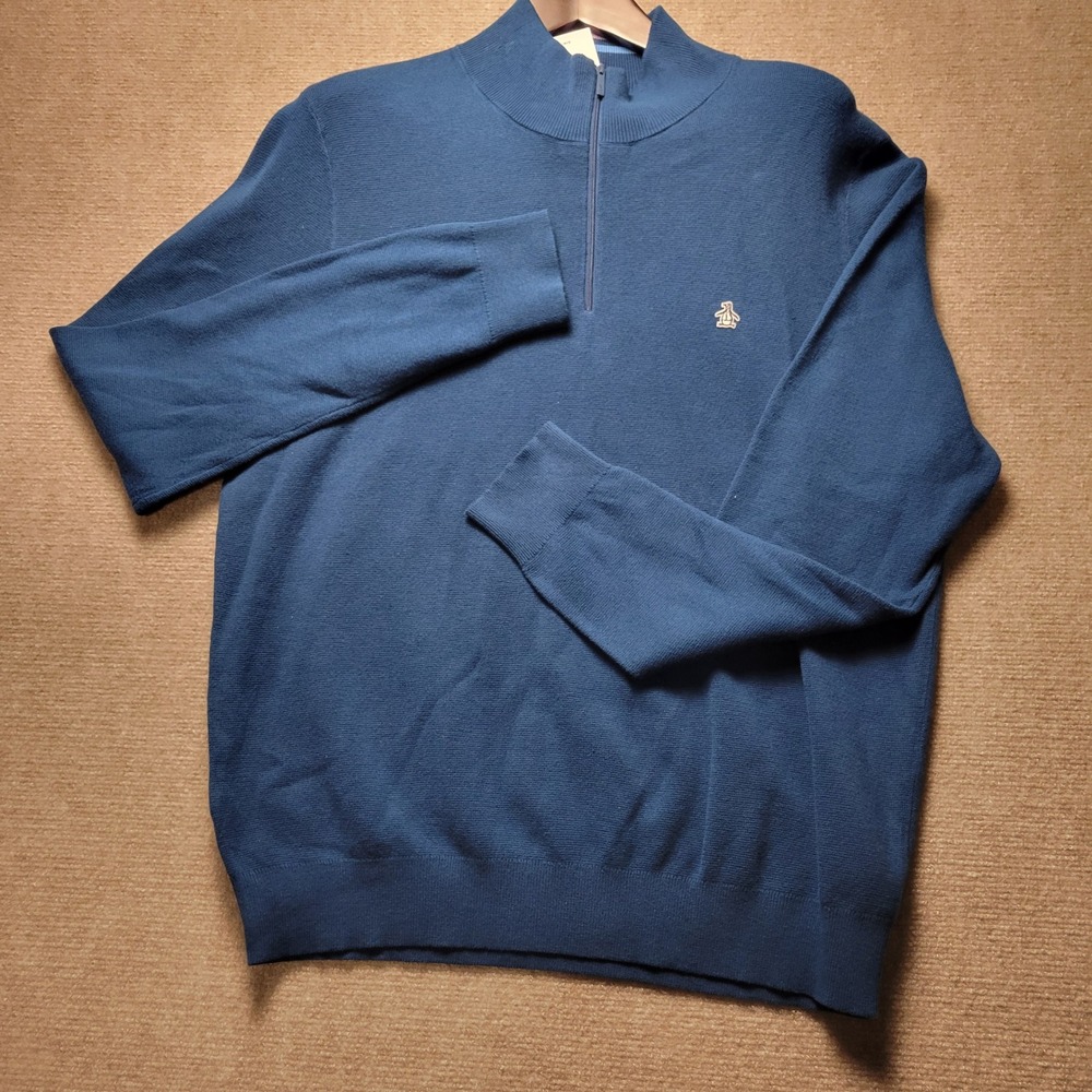 Original Penguin Pullover Sweater Mens XL Blue 1/4 Zip Knit Logo Long Sleeve